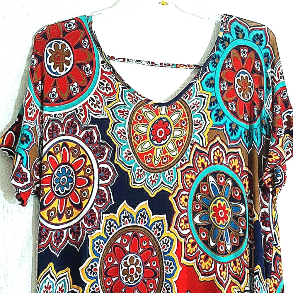 Multi Print Red White Yellow Blue Short Sleeve Maxi Dress NWT